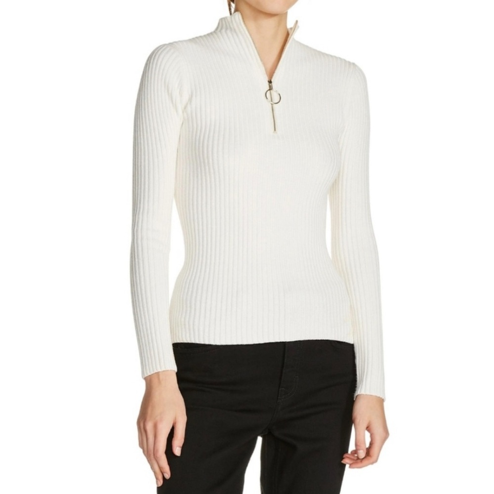 Maje Mariano Wool Blend Quarter Zip Ribbed Mock Neck Sweater in Cream 1 US Small